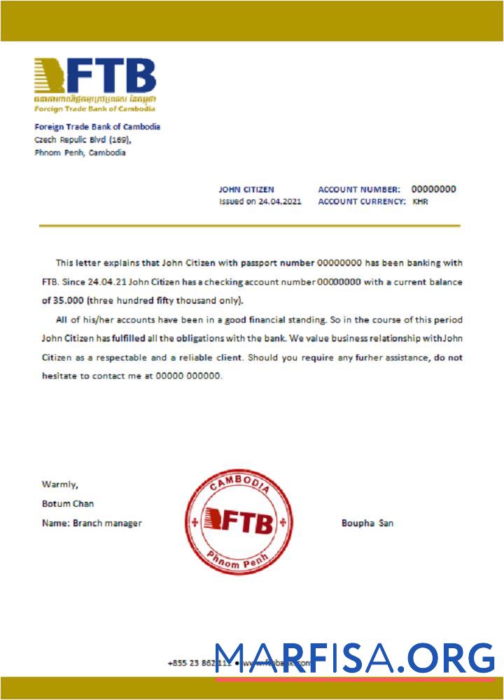 Printable Cambodia Foreigntradebank reference sample